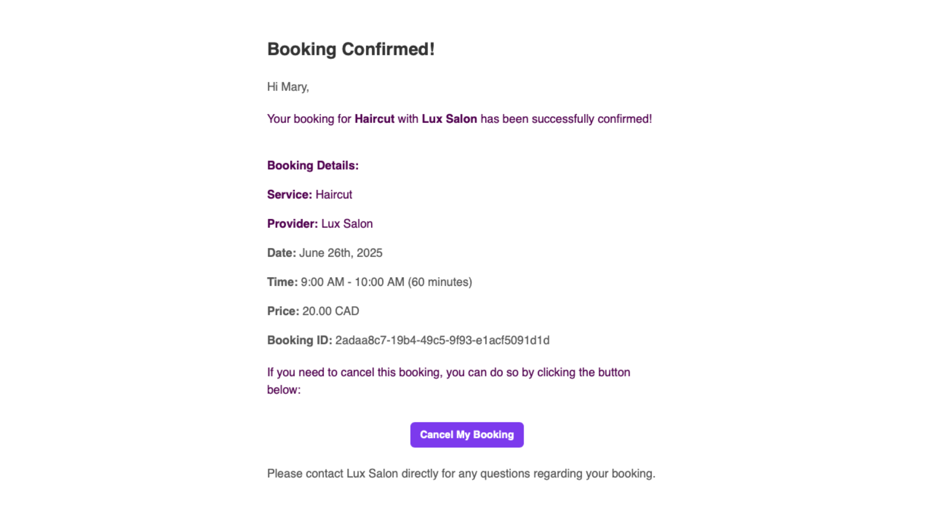 Email Confirmation or Automated Messages Screenshot