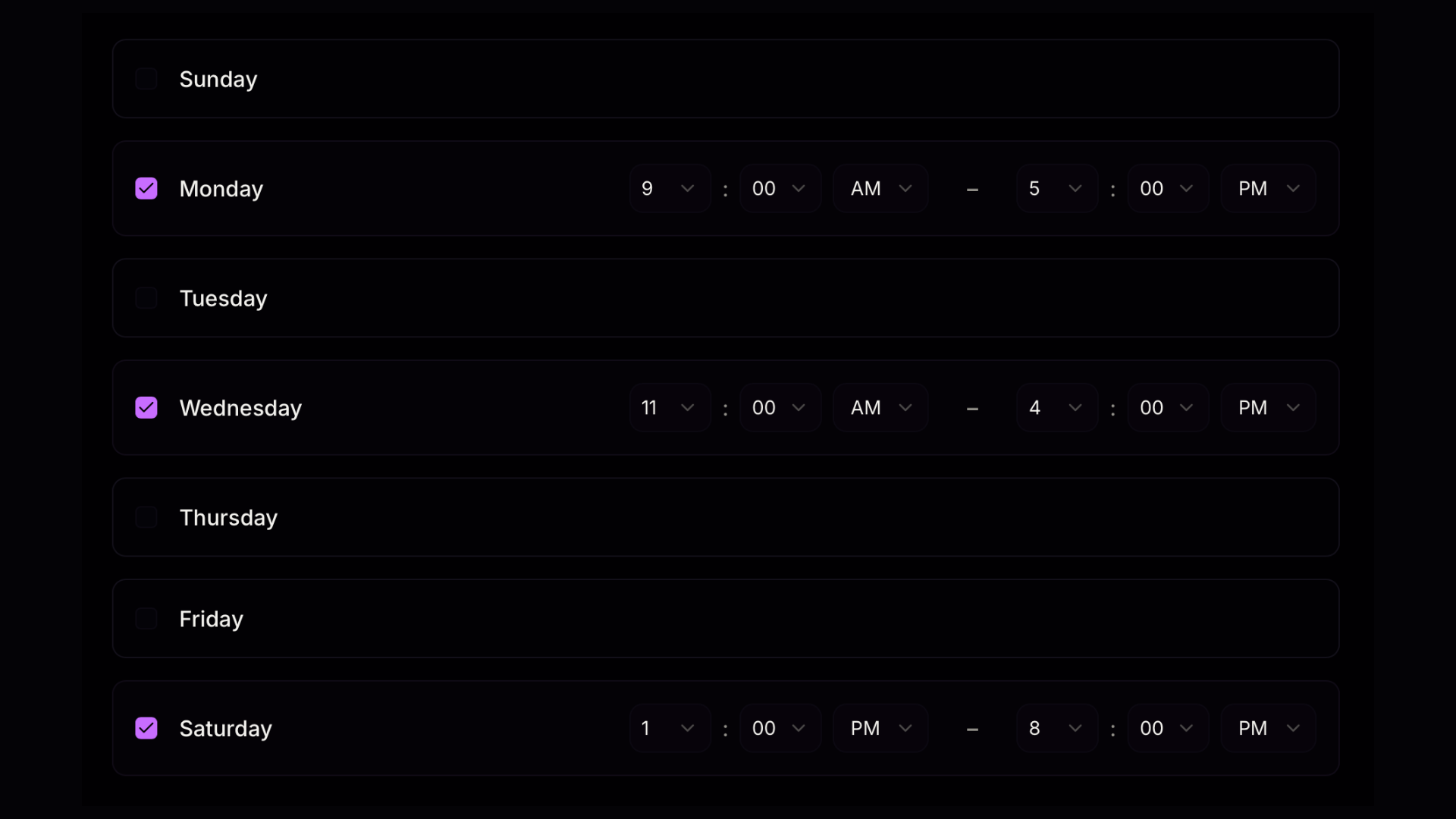 Calendar or Availability Settings Screenshot